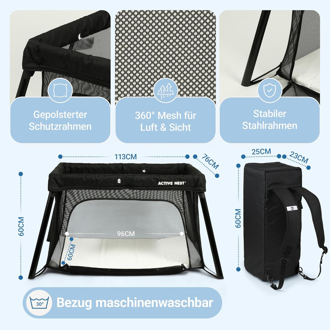 Reisebett Baby mit Matratze &amp; Rucksack – Liegefläche 96×60 cm (0–3 J.) – Aufbau in 15 Sek. – 6 kg le