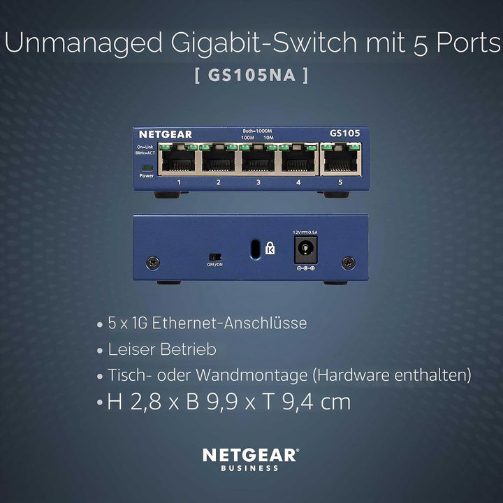 NETGEAR 5-Port Gigabit Ethernet Unmanaged Switch GS105NA Unmanaged 5 Anschlüsse, Unmanaged 5 Anschl&amp;