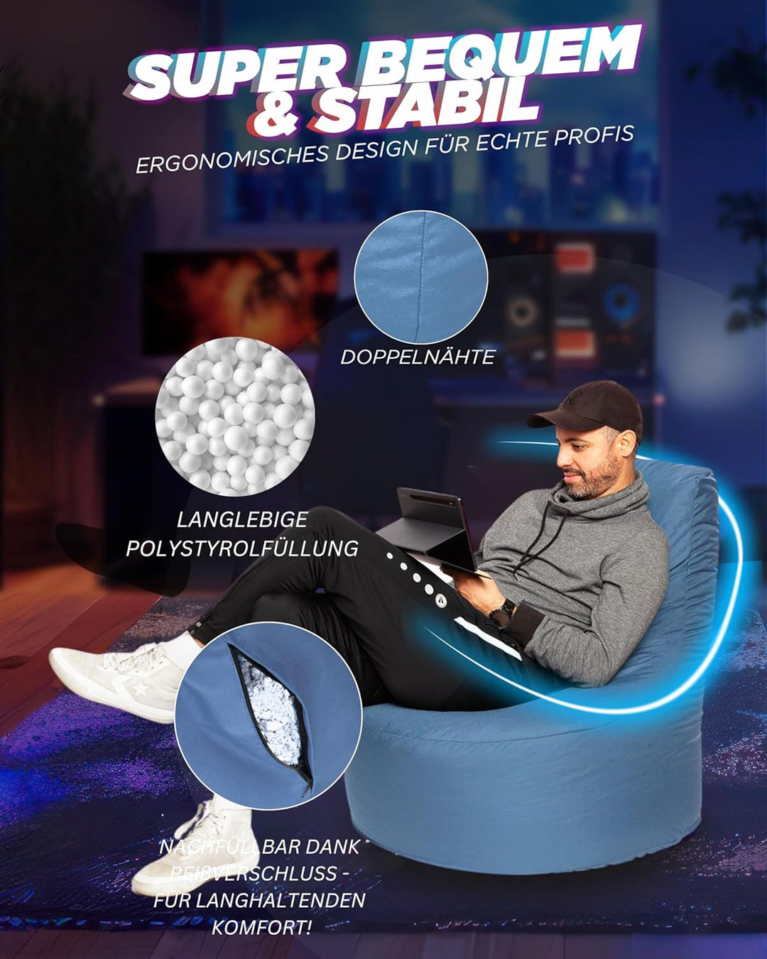 PATCH HOME Gamer Sessel mit Reissverschluss Lounge Kissen Sitzsack Sitzkissen Bean Bag In & Outdoor