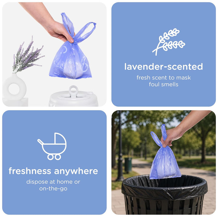 Ubbi Disposable Nappy Sacks, Lavender Scented, Easy-To-Tie Tabs, Baby Nappy Disposal, 400 Count 400