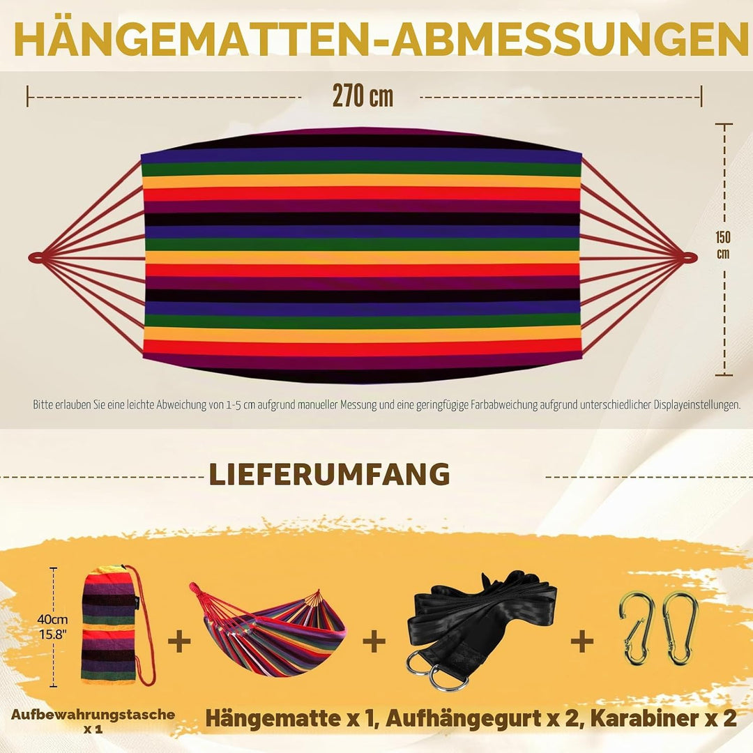 ANYOO Hängematte Outdoor Baumwolle Bequemer Stoff mit Baumfreundlichen Gurten zum Aufhängen, Robuste