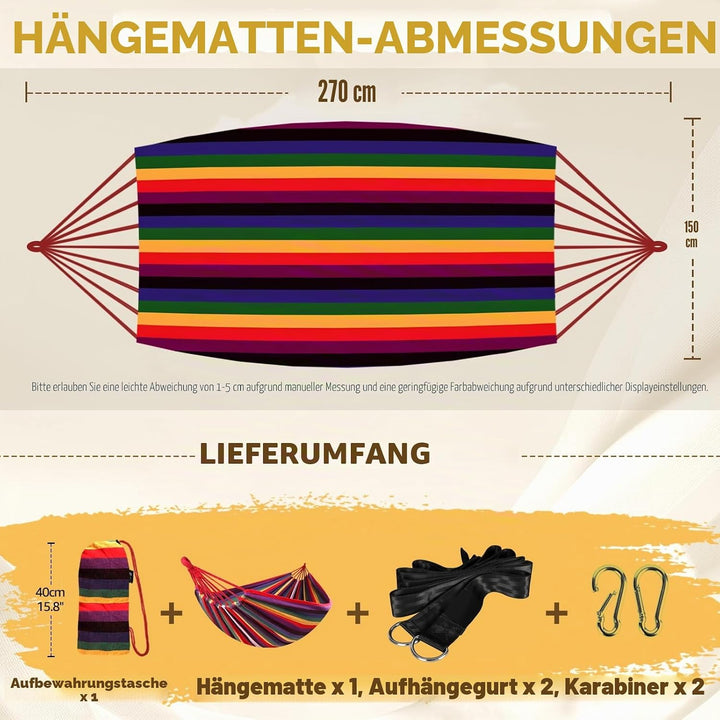 ANYOO Hängematte Outdoor Baumwolle Bequemer Stoff mit Baumfreundlichen Gurten zum Aufhängen, Robuste