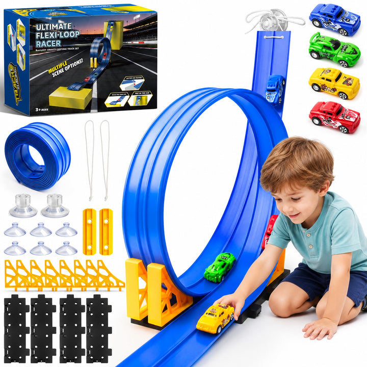 BunnyJOY Flexible Autorennbahn für Kinder mit 4 Rückziehautos, 2 Looping Rennbahn, Rampen Schwerkraf