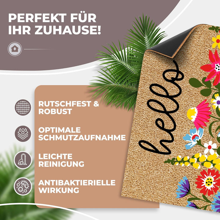 Fussmatte Kokos 60x40cm Blumen I Extra langlebige & rutschfeste Kokosmatte für Innen & Überdachte Au