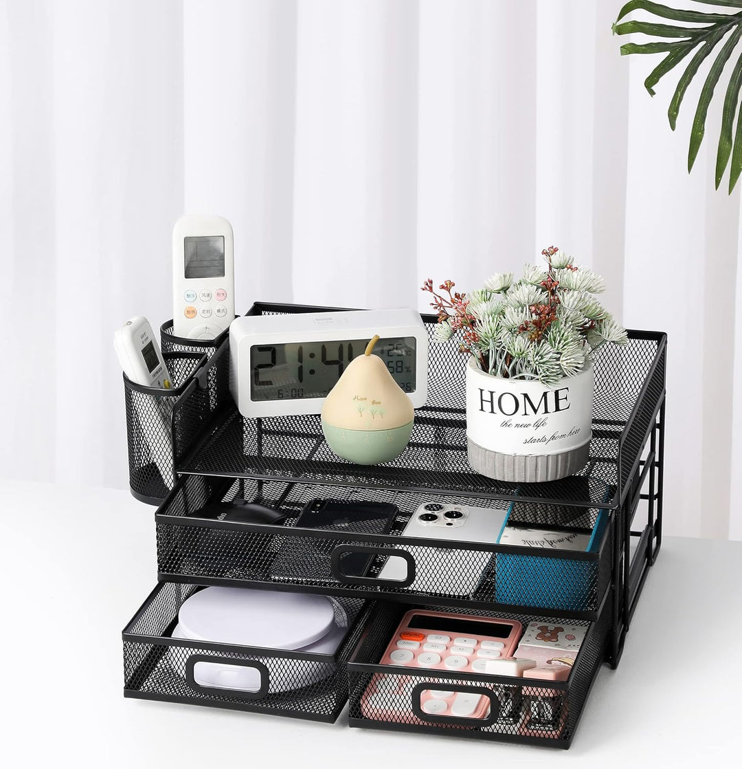 Vikmyer 3-Trays Desktop Organizer mit Schublade, Mesh Büro Schreibtisch liefert Organizer Dokumenten