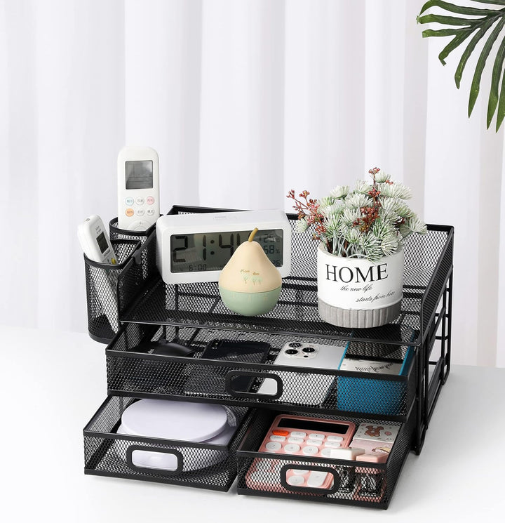 Vikmyer 3-Trays Desktop Organizer mit Schublade, Mesh Büro Schreibtisch liefert Organizer Dokumenten