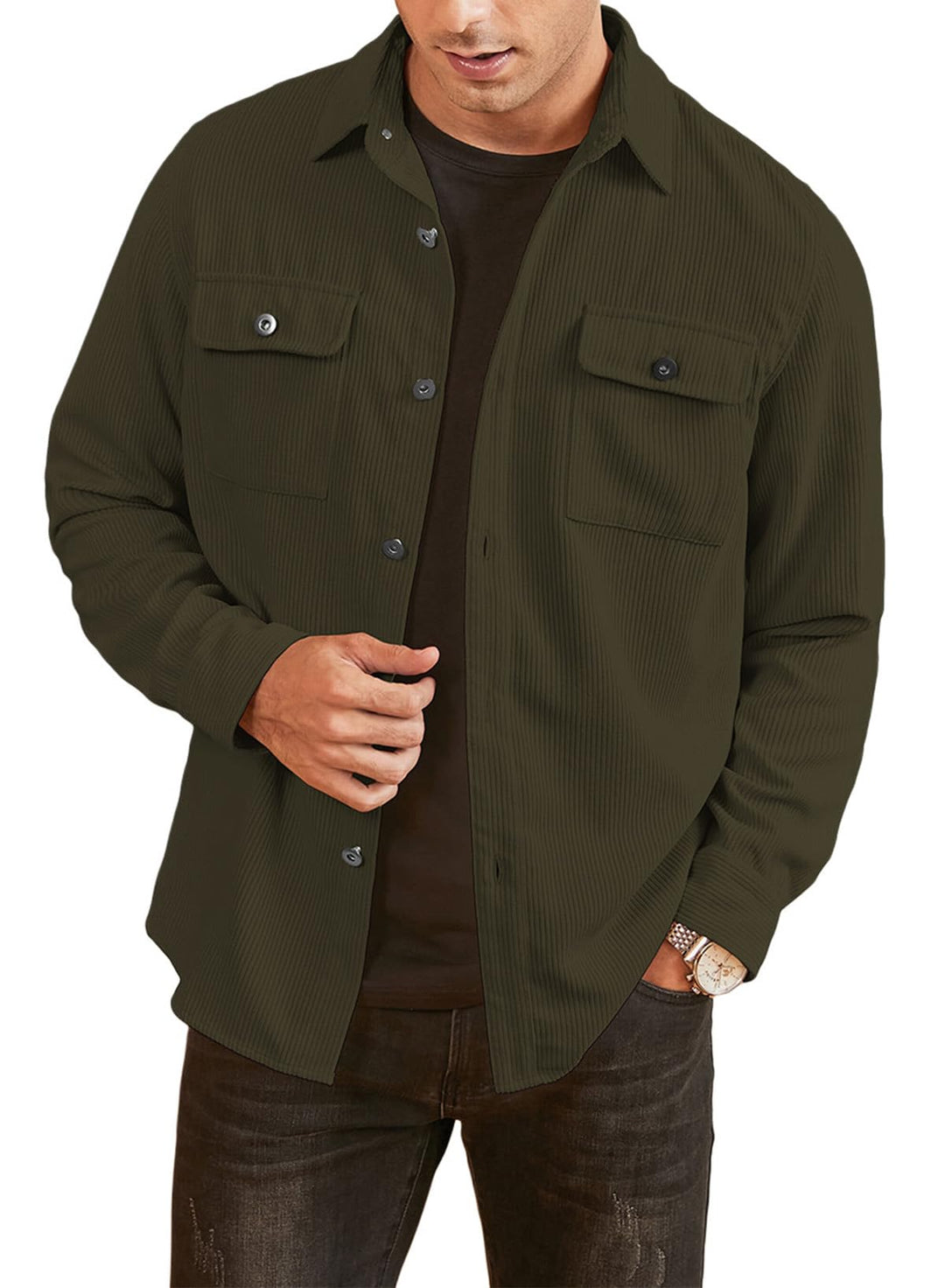 Herren Hemd Cord Langarm Freizeithemd Männer Jacke Regular Fit Button Up Hemdjacke Mit Klappentasche