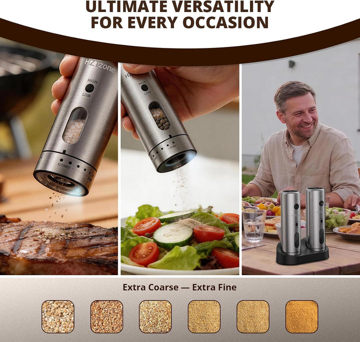 Salz und Pfeffermühle Elektrisch Set, HZTzone USB-C Wiederaufladbar Gewürzmühle mit Ladestation, Ker