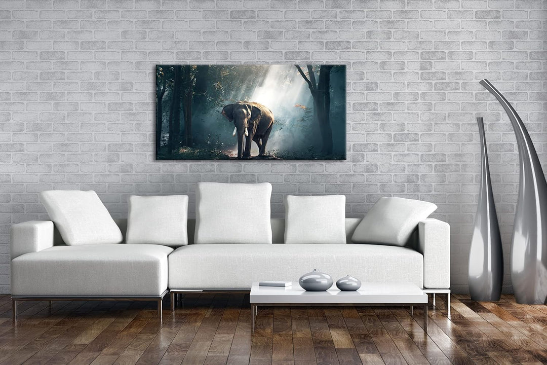 stolzer Elefant im Wald Panorama 120x60 cm als Leinwandbild, Motiv fertig gerahmt auf Echtholzrahmen