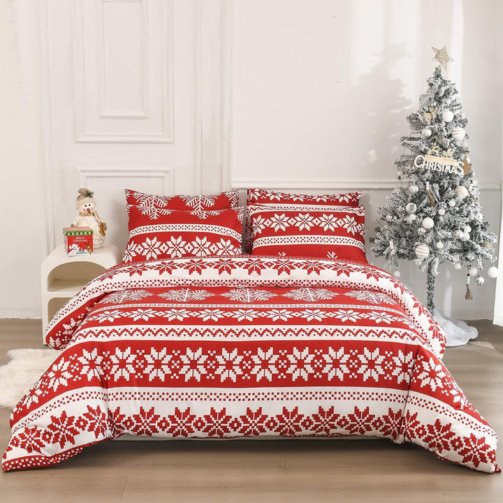 DXHOME Weihnachten Bettwäsche Set 135x200cm Rot Wintermotiv Schneeflocken Weiche Mikrofaser Teenager