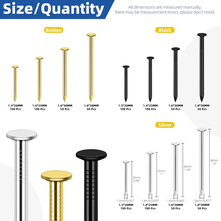 Glarks 900pcs 20/25/30/38mm Länge Nagel Sortiment Kit, Schwarz Silber Gold Farben hängende Nägel, Fi
