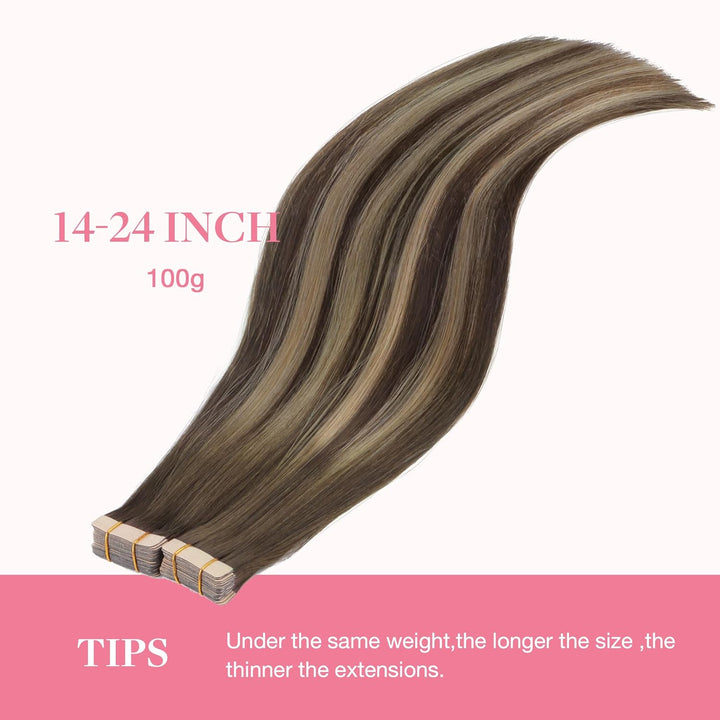 GOO GOO Tape in Extensions Echthaar, Balayage Schokoladenbraun Gemischter Honig Blond 40pcs 100g 35c