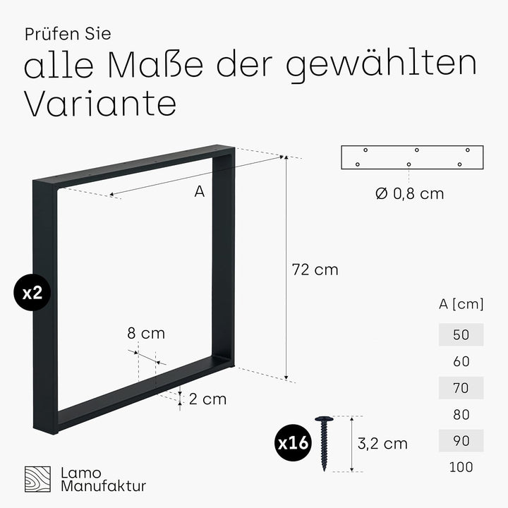 LAMO Manufaktur Tischbeine für Schreibtisch Esstisch, Simple Massive, Vierkantprofil 80x20 mm, Tisch