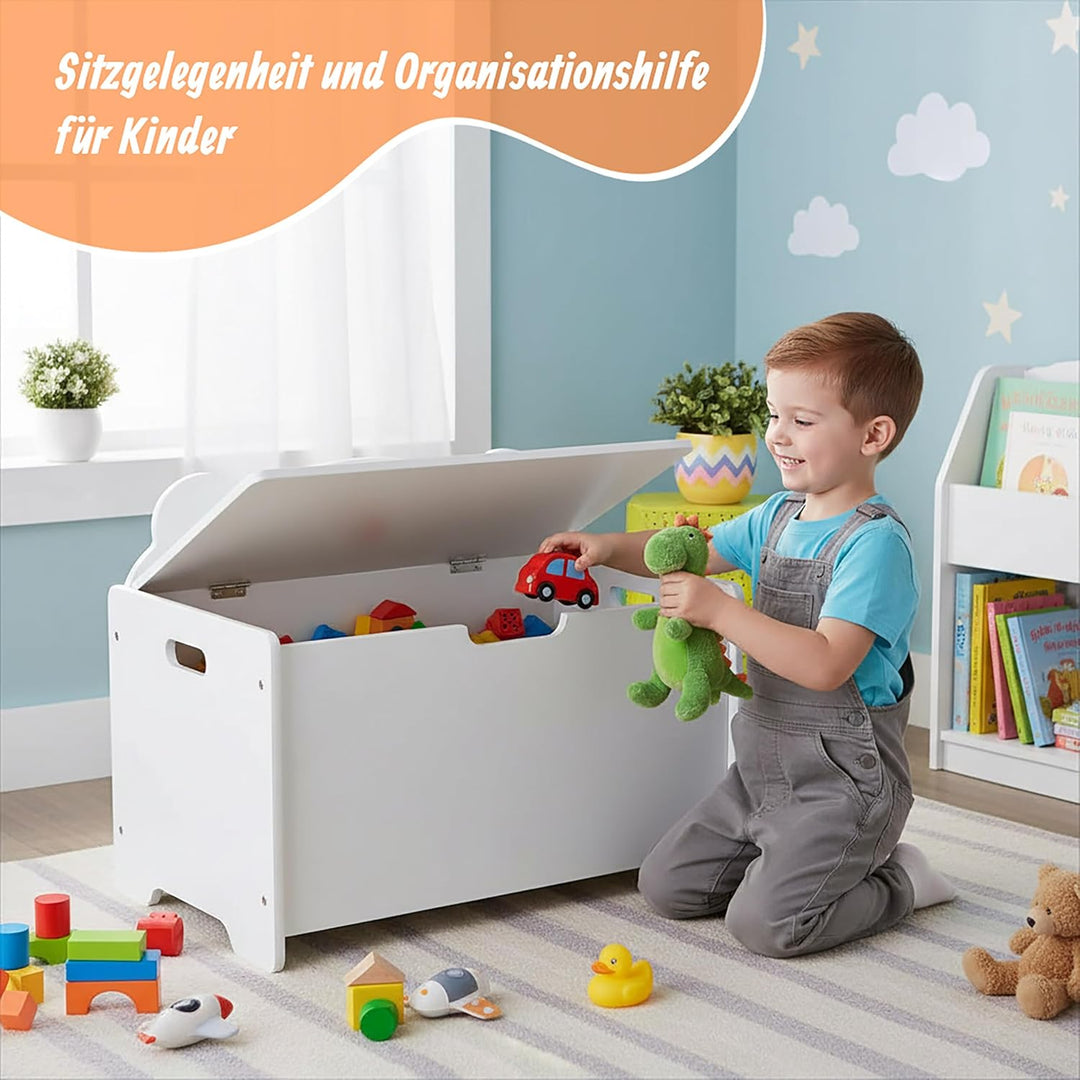 Relaxdays Spielzeugtruhe Bären-Design, Spielzeugkiste mit Deckel, HBT 48x60x38 cm, Kinderzimmer, Spi