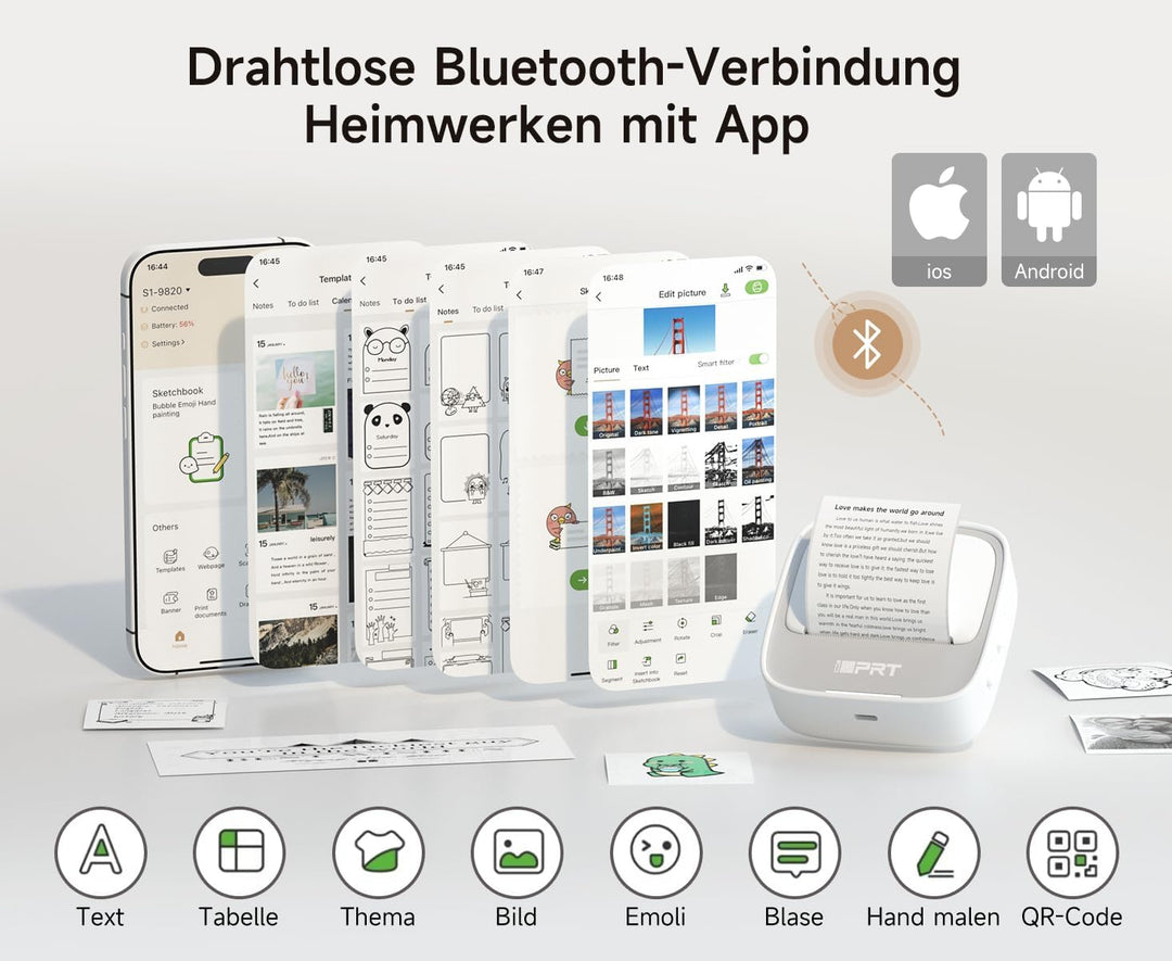 iDPRT Mini tragbarer Aufkleberdrucker, Thermodrucker für Studiennotizen, Bilder, DIY, Etiketten, mit