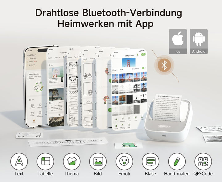 iDPRT Mini tragbarer Aufkleberdrucker, Thermodrucker für Studiennotizen, Bilder, DIY, Etiketten, mit