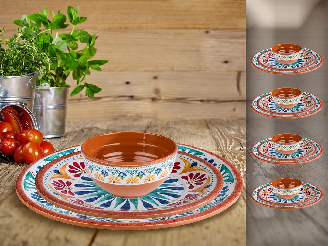 Melamin Ess-Geschirr Set für 4 Personen, Campinggeschirr mediterranes Design Essgeschirr für 4 Perso