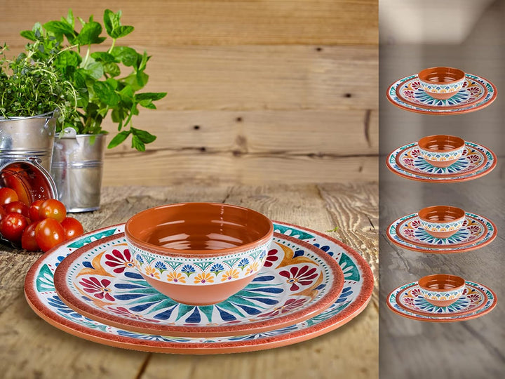 Melamin Ess-Geschirr Set für 4 Personen, Campinggeschirr mediterranes Design Essgeschirr für 4 Perso
