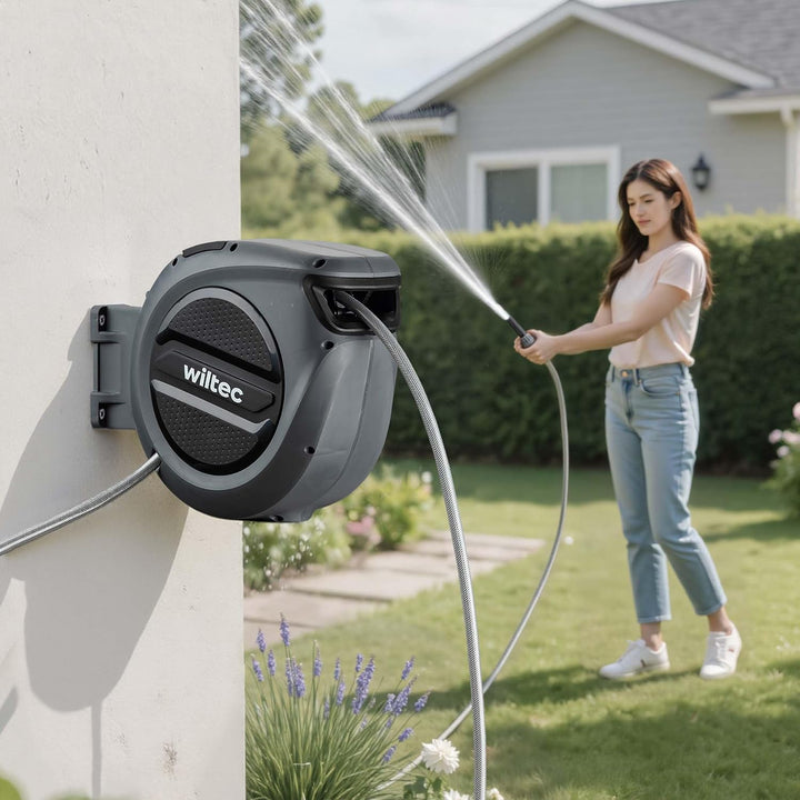 XPOtool Schlauchtrommel, Wand Schlauchbox mit Aufroll-Automatik und 20m Wasserschlauch, Gartenbewäss