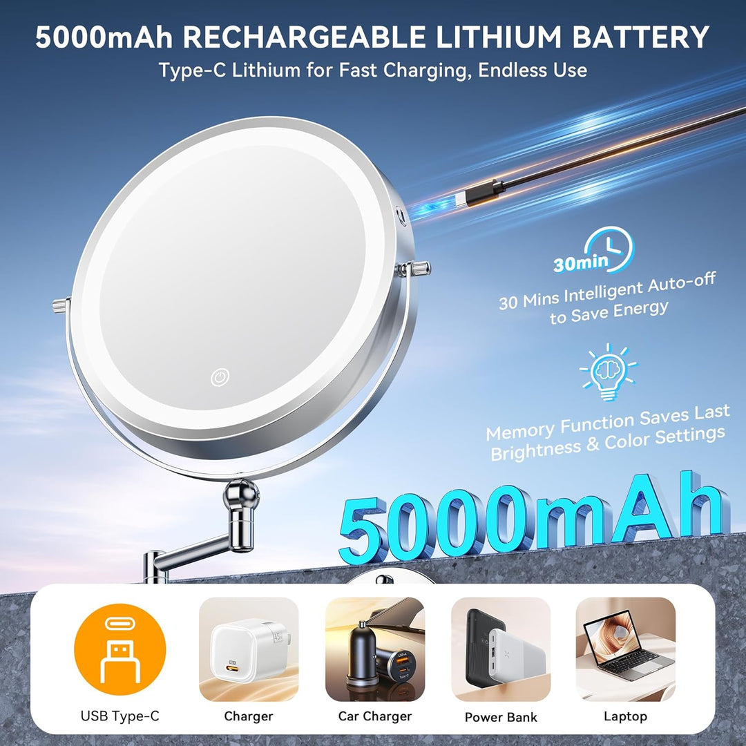 Aumxir 9" Kosmetikspiegel mit Beleuchtung, 5000mAh Wiederaufladbar Doppelseitig 1X/30X Schminkspiege