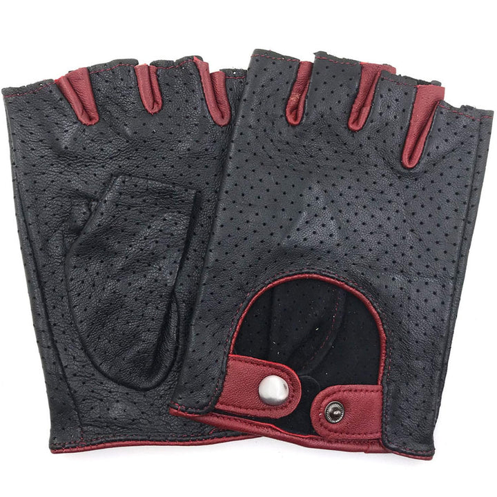 Damen-Lederhandschuhe Vollmaschige Fingerlose Halbfinger-Fahrhandschuhe Medium-7" Schwarz und Rot, M