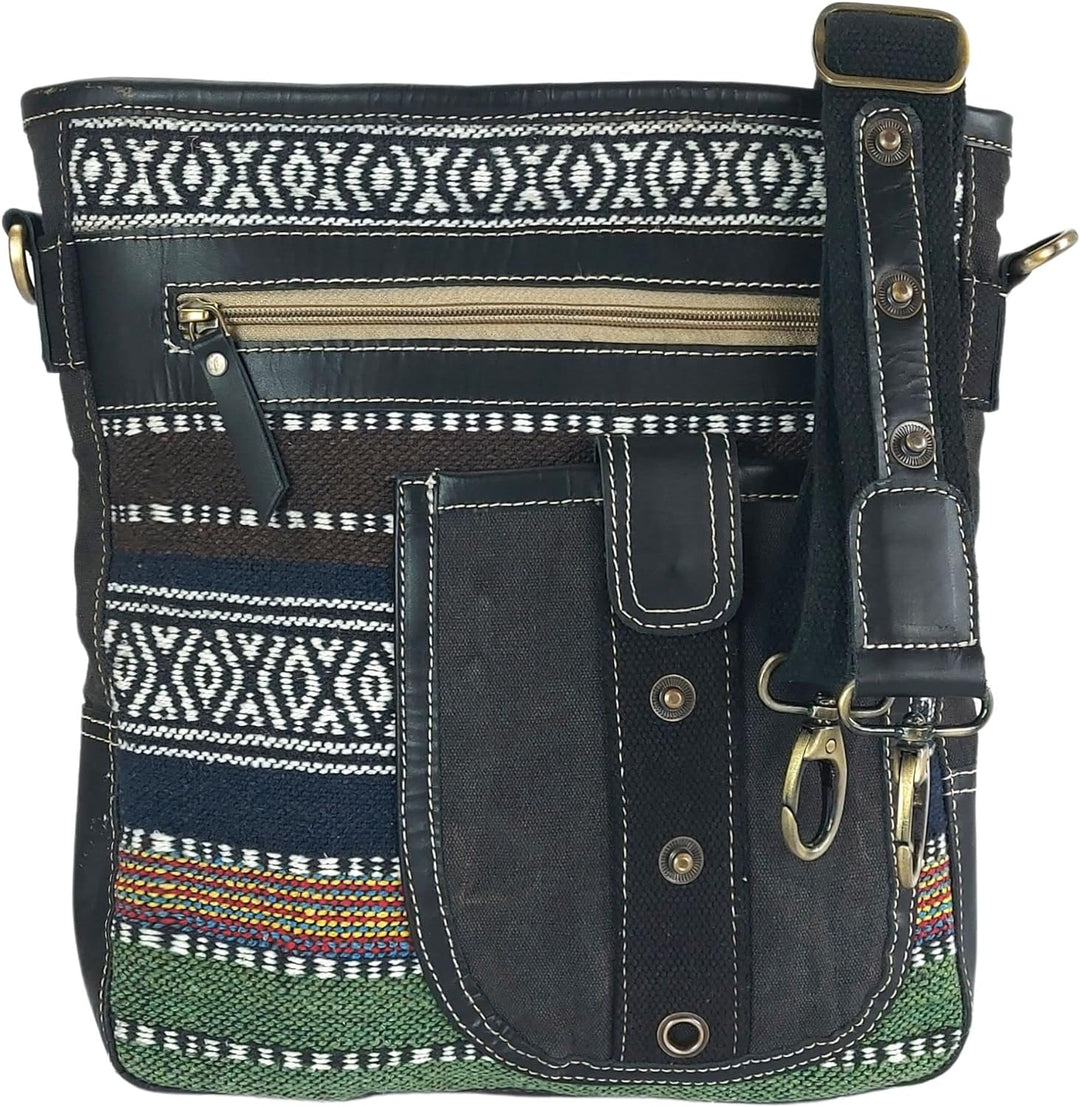 Sunsa Damen Umhängetasche. Crossbody Bag mit Streifen Design. Schultertasche aus Baumwolle & Leder.