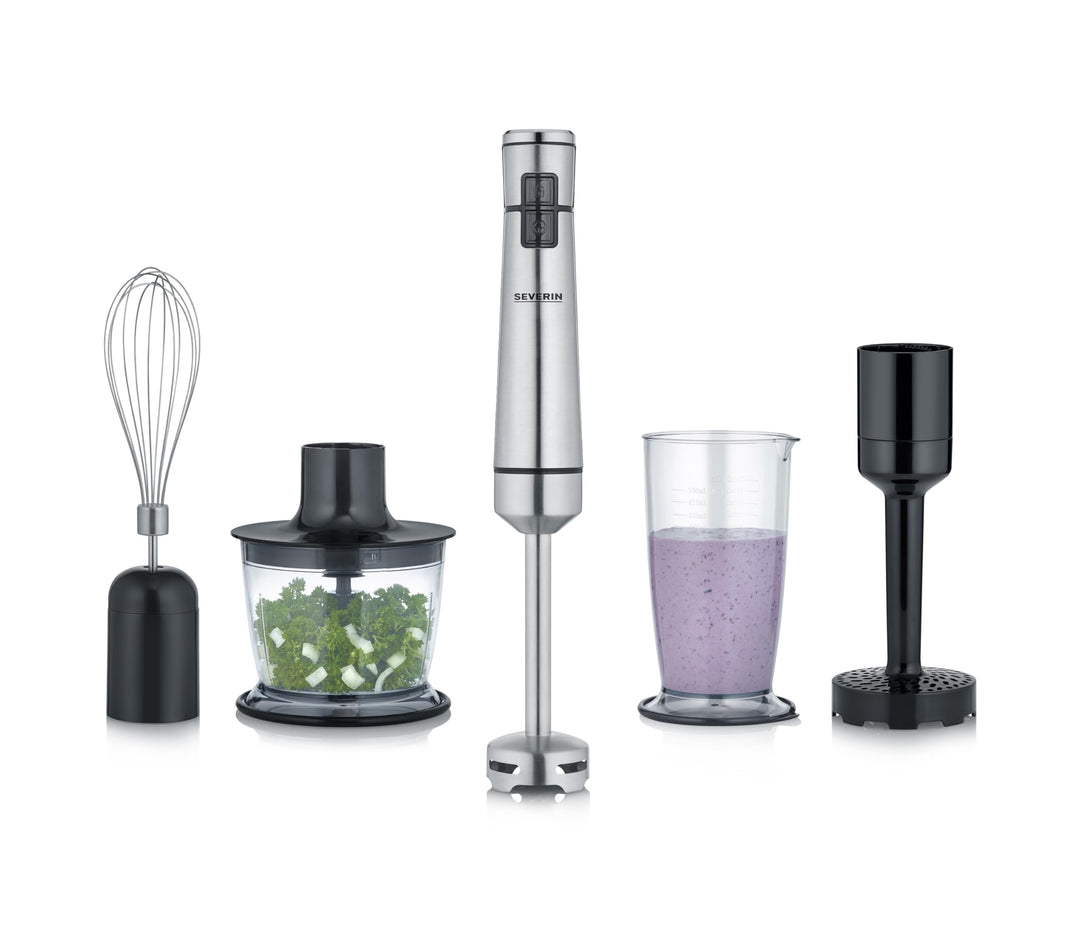 SEVERIN Kabelloser Stabmixer mit Premium-Set, abnehmbarer Mixstab, mit Pürierstab, Multizerkleinerer