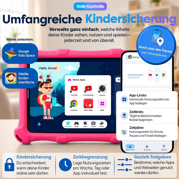AngelTech Kinderpaket PRO MAX - Kinder Tablet PRO MAX + Kinder Kopfhörer - Android 14 - Kombi Paket