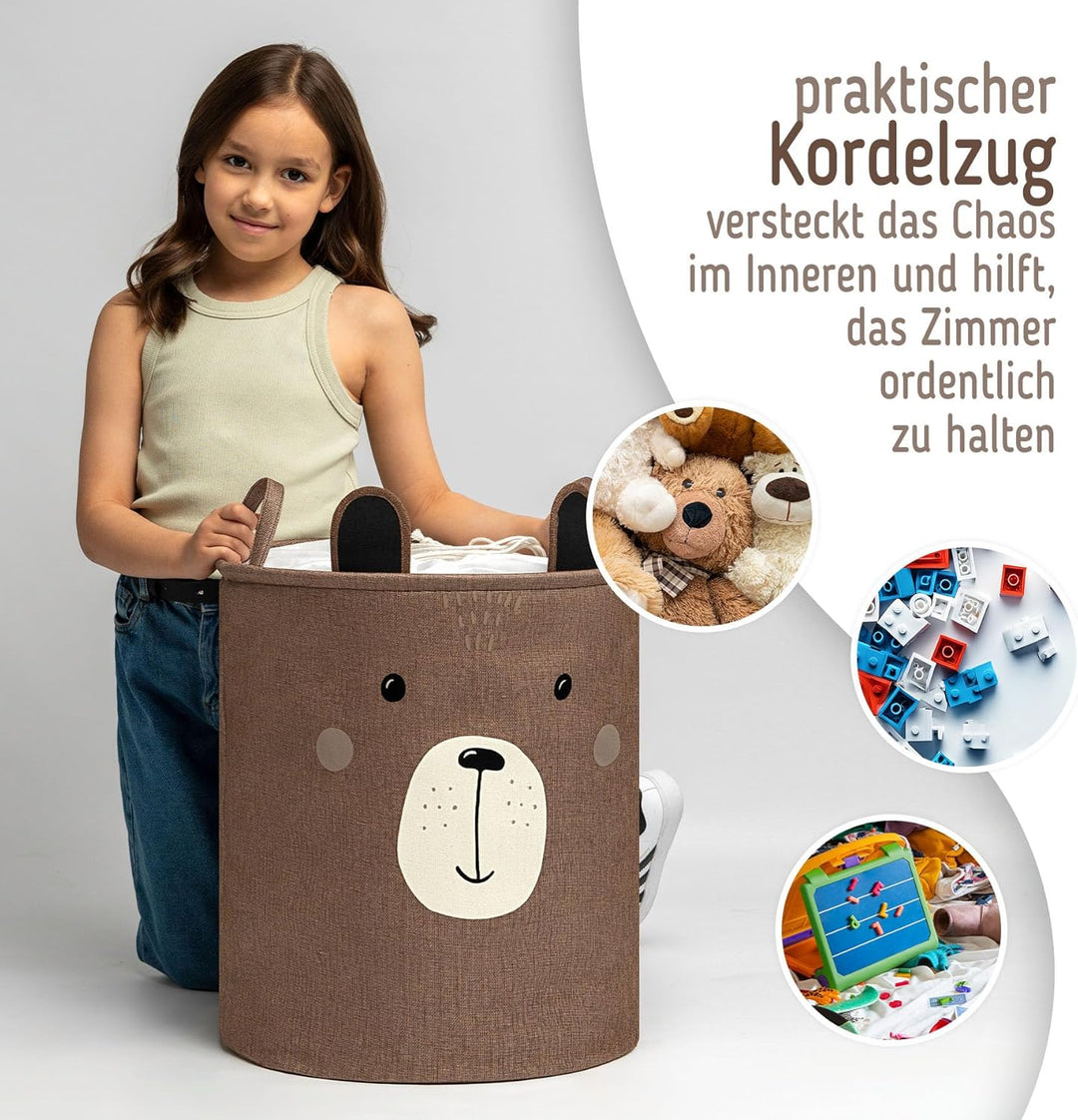 SIPO Spielzeugkorb Premium, XXL 63L, Brown Bear, Faltbarer Spielzeug Organizer mit Kordelzug, Wasser