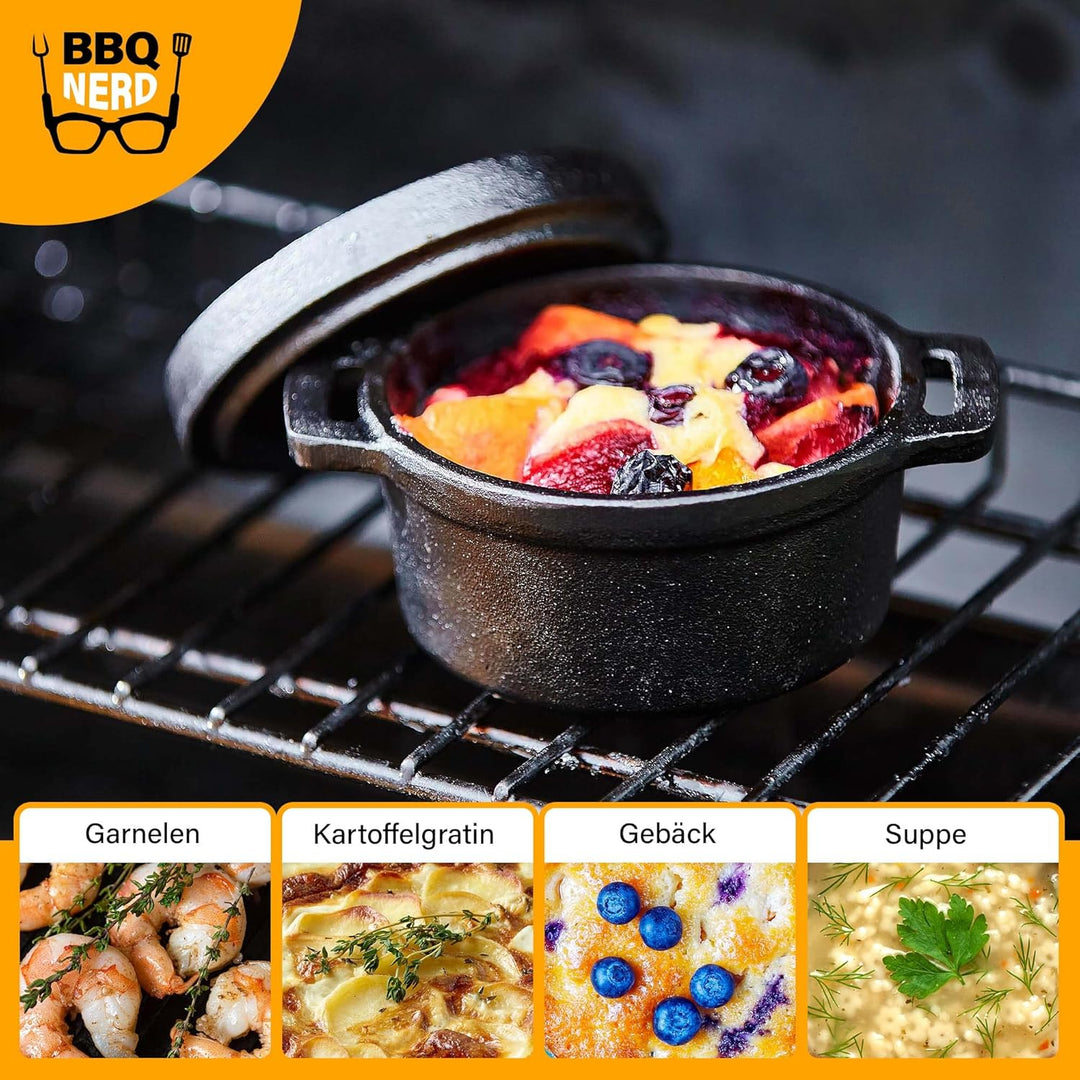 BBQ-Nerd© 6er Set Mini Dutch Oven | Kleiner Gusseisentopf mit Deckel 11x5cm für Grill, Feuerstelle,