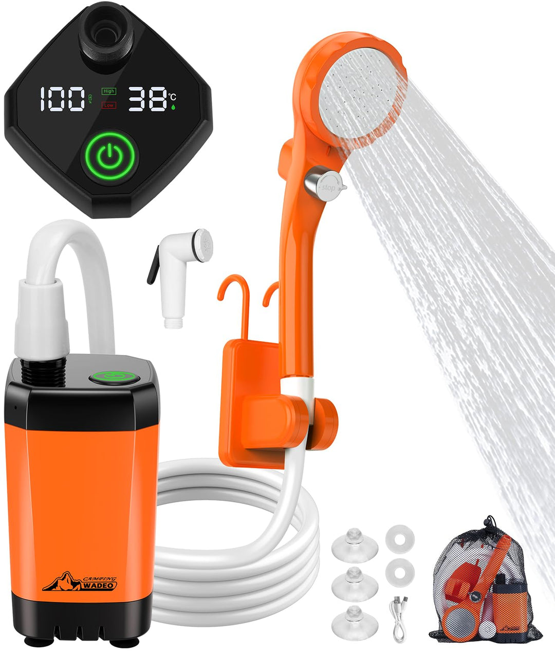 WADEO Tragbare Campingdusche Akku mit Pumpe, Camping Dusche Outdoor mit wiederaufladbarem 4500-mAh-A