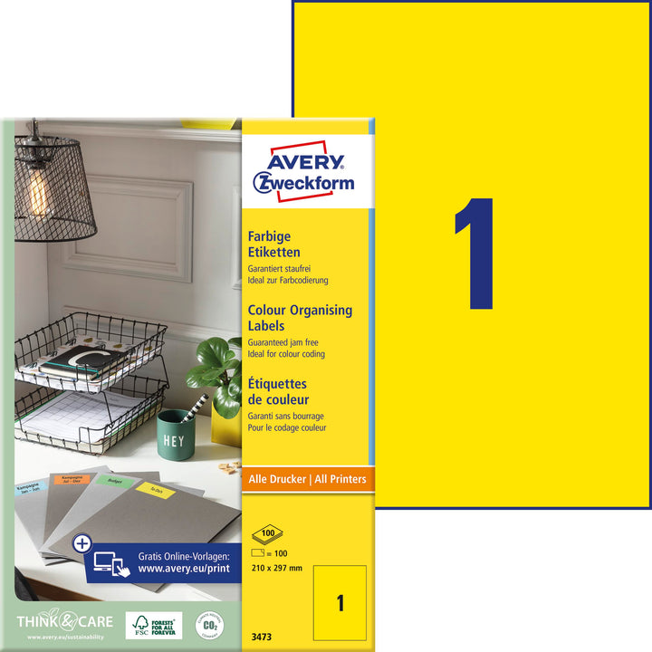 AVERY Zweckform 3473 Gelbe Etiketten (100 Aufkleber, 210x297mm auf A4, permanent haftend, selbstkleb
