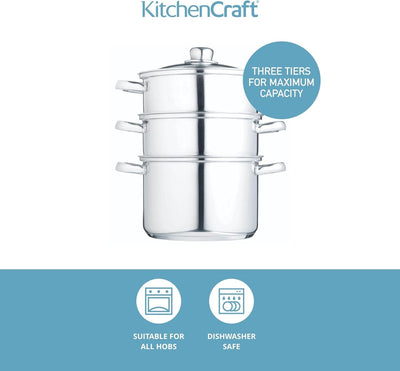 KitchenCraft 3 Kochtopf Set, Dampfgarer/Suppentopf Steamer 3-stufig, Induktionssicher, Edelstahl, in