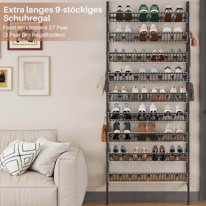 Tür Schuhregal, 9 Ebenen Metall Schuhablage Hinter der Tür, Offener Platzsparend Schuhschrank Schräg
