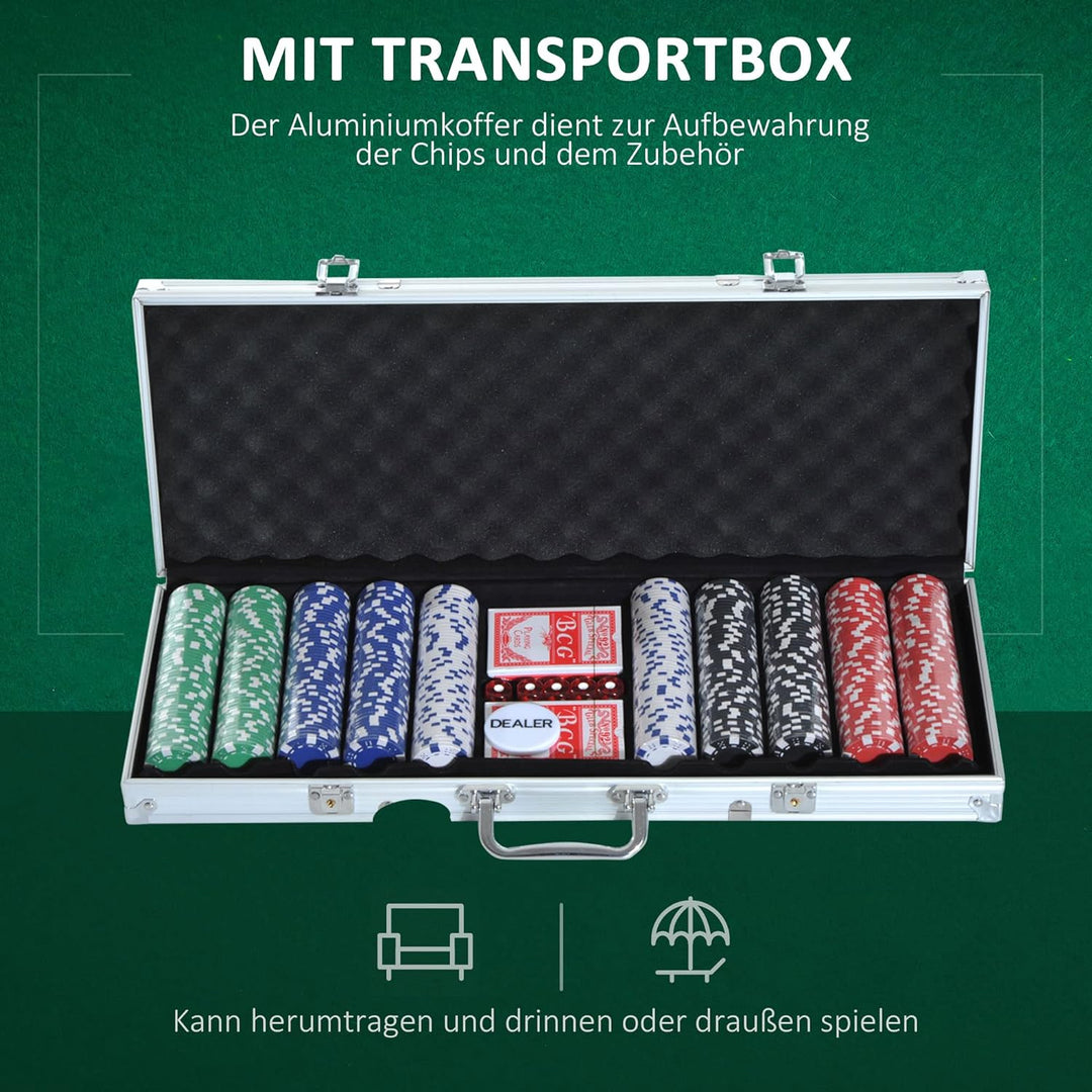 HOMCOM Pokerkoffer Pokerset 500 Pokerchips 2xKartenspiel 5xWürfel 1xAlukoffer Poker Set Jetons Koffe