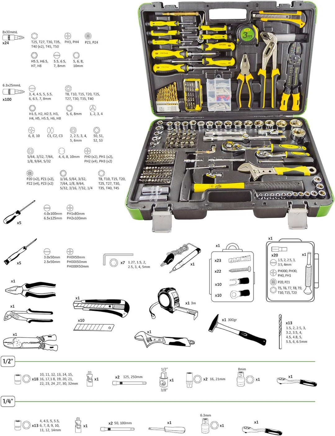 ESTUCHE DE HERRAMIENTAS 303 PIEZAS/CON VASOS HEXAGONALES