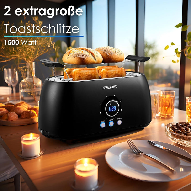 XXL Toaster 4 Scheiben mit Brötchenaufsatz | Toaster Schwarz | Digitales Display | Toastautomat | Au