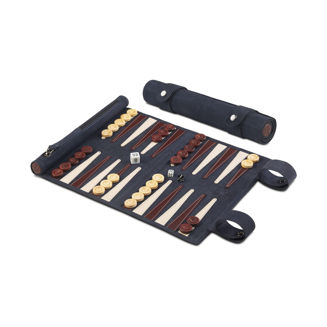 Melia Games Backgammon zum Rollen - Reise-Backgammon aus feinstem Nubuk Echt-Leder mit handgefertigt