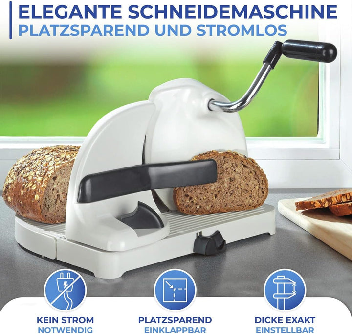 Maximex Brotschneidemaschine, geschnittenes Brot im Handumdrehen, Scheibendicke stufenlos per Hebel