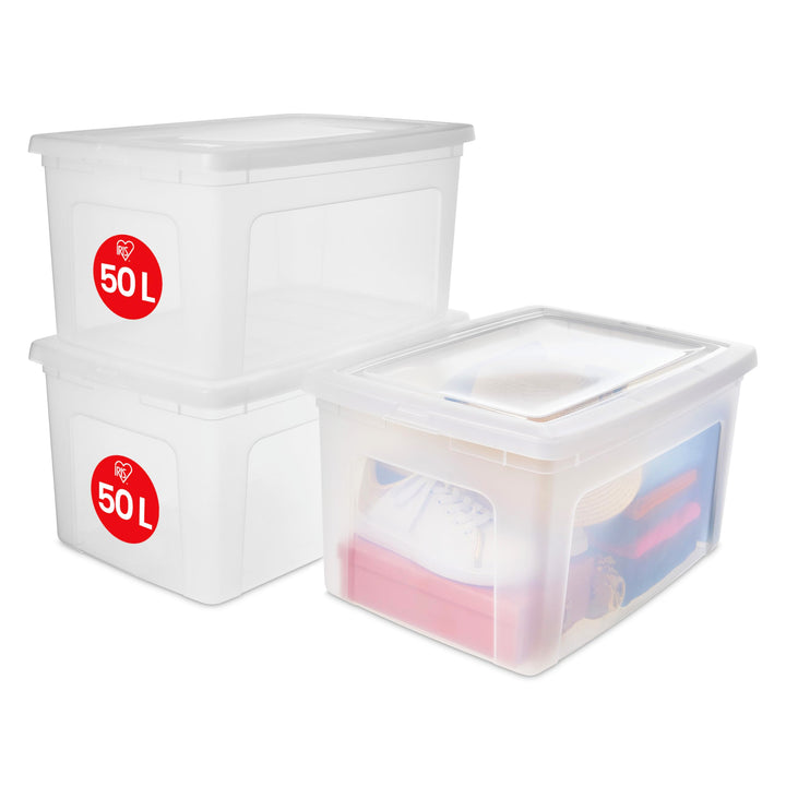 Iris Ohyama, 3er-Set, Aufbewahrungsboxen, 50 L, durchsichtig, stapelbar, Wohnzimmer, Schlafzimmer -