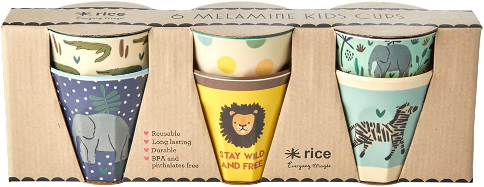 RICE.DK RICE Kleine gebogene Melaminbecher mit 6 Dschungelmotiven – Blau