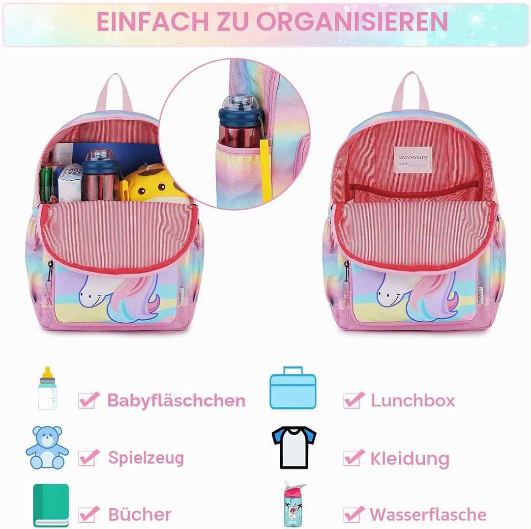 VASCHY Mädchen Schulrucksack 4-6 Jahre Schulrucksack mit Seitentaschen und Brustgurt 127-einhorn, 12