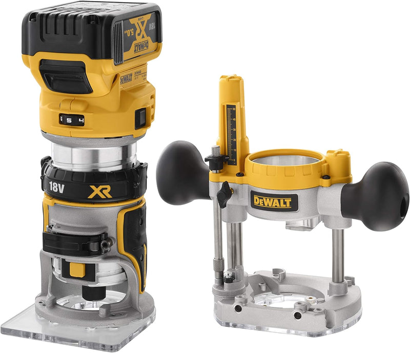 DEWALT DCW 604 P2 Akku Kombifräse 18V 55 mm + 2x Akku 5,0Ah + Ladegerät + TSTAK & Fräser-Set 22 tlg.