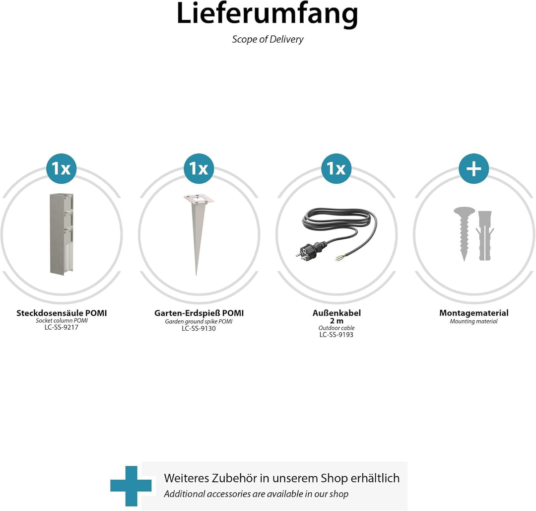 ledscom.de Garten-Steckdosen-Säule POMI mit Erdspiess und 2m Kabel für aussen, IP44, 3-Fach, Edelsta