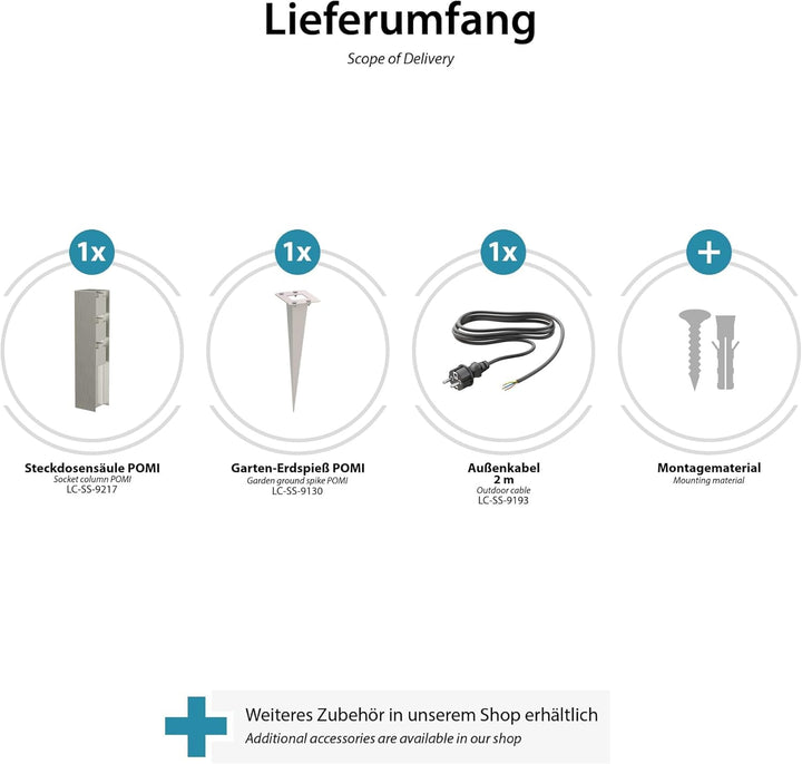 ledscom.de Garten-Steckdosen-Säule POMI mit Erdspiess und 2m Kabel für aussen, IP44, 3-Fach, Edelsta