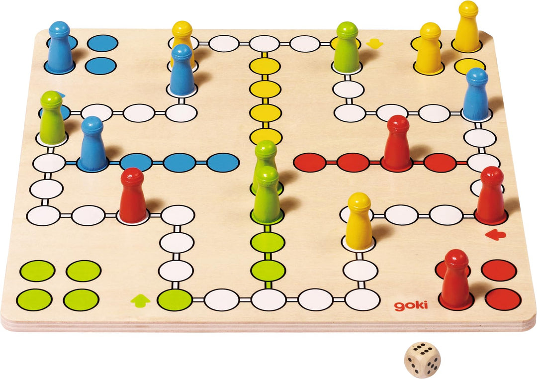 goki Ludo – Klassisches Holzbrettspiel für 2-4 Spieler mit 16 farbigen Pionen und robustem 28x28 cm