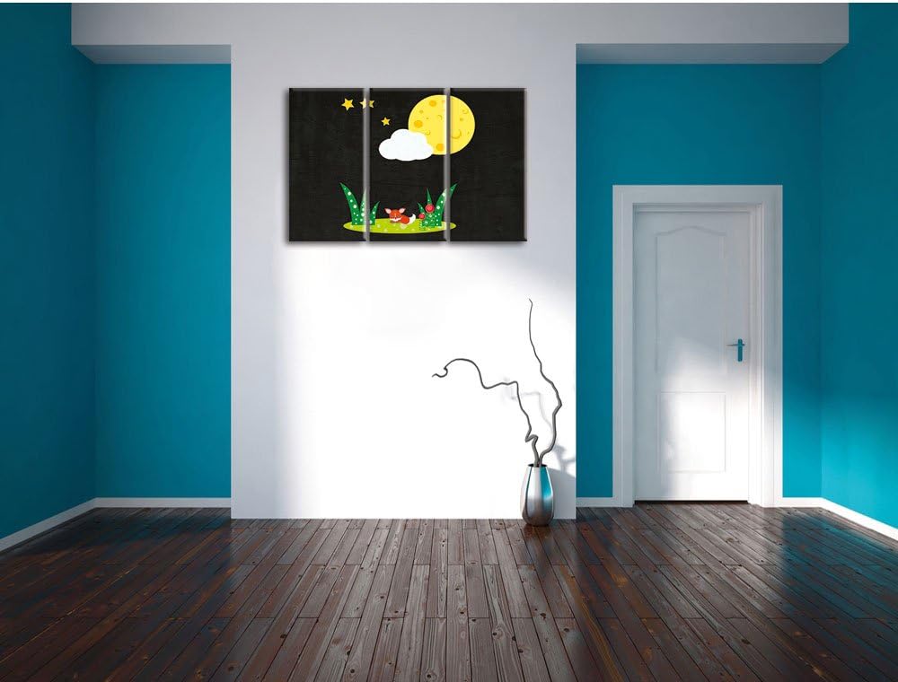 Pixxprint Fuchs auf Wiese nachts als Leinwandbild/Grösse: 3 Teilig (120x80) cm/Wandbild/Kunstdruck/f