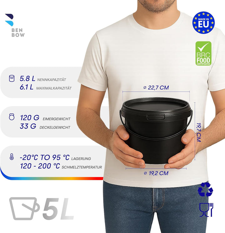 BenBow Eimer mit Deckel 5l schwarz 100x 5 Liter - lebensmittelecht, stabil, luftdicht, auslaufsicher