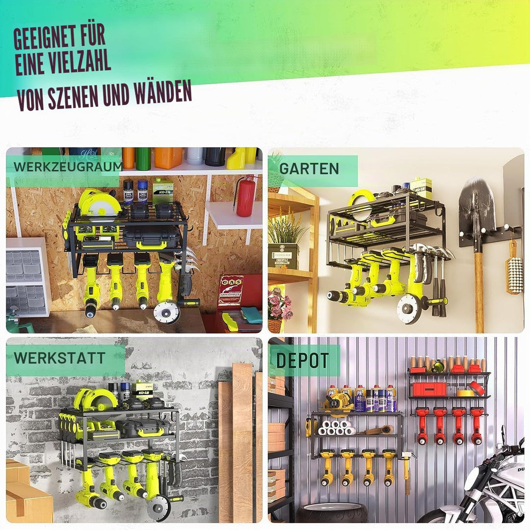 Wand-Organizer für Elektrowerkzeuge, Werkzeughalter für 4 Bohrmaschinen, 3 Steckplätze, mit seitlich