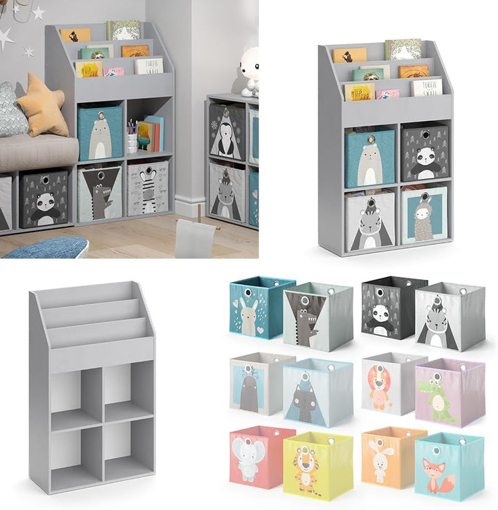 Vicco Kinderregal Grau Luigi mit 4 Faltboxen - 72x114x31 cm aus Spanplatte - Bücherregal ideal fürs